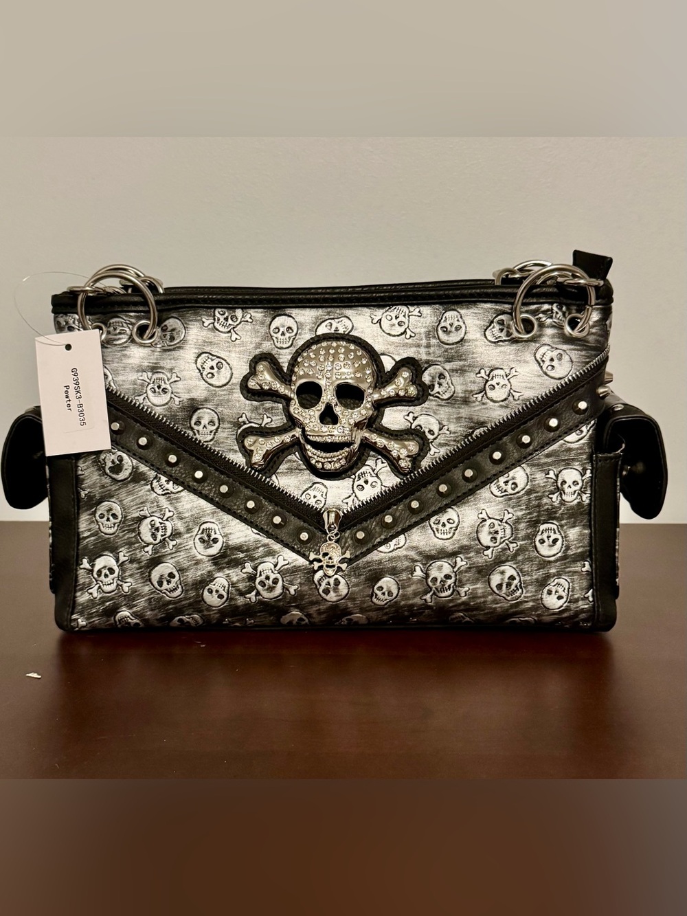 Studded Skull Accent Black and Silver Womens Handbag